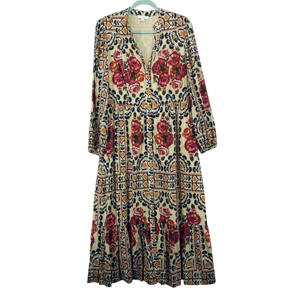 A Loves A Size Large Maxi Dress Cream Floral Boho Tiered V-Neck Long Sleeve